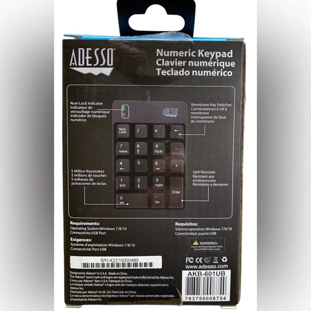Adesso AKB-601UB USB Spill Resistant 18-Key Numeric Keypad Black
